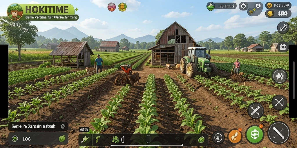 Tampilan gameplay HOKITIME dengan aktivitas bercocok tanam yang seru.