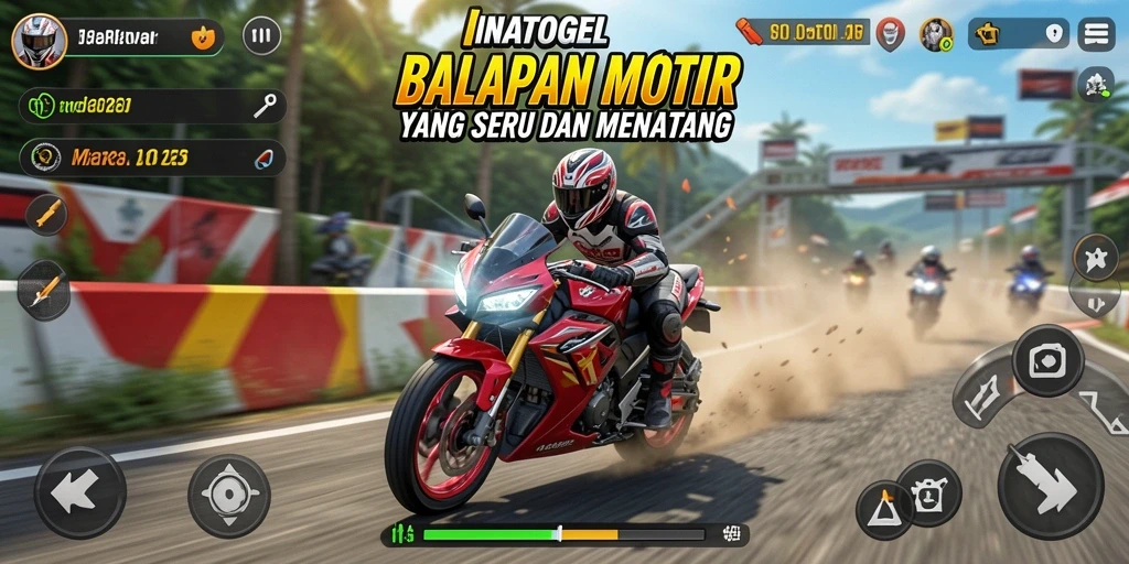 Tampilan gameplay seru INATOGEL dengan balapan motor yang intens.