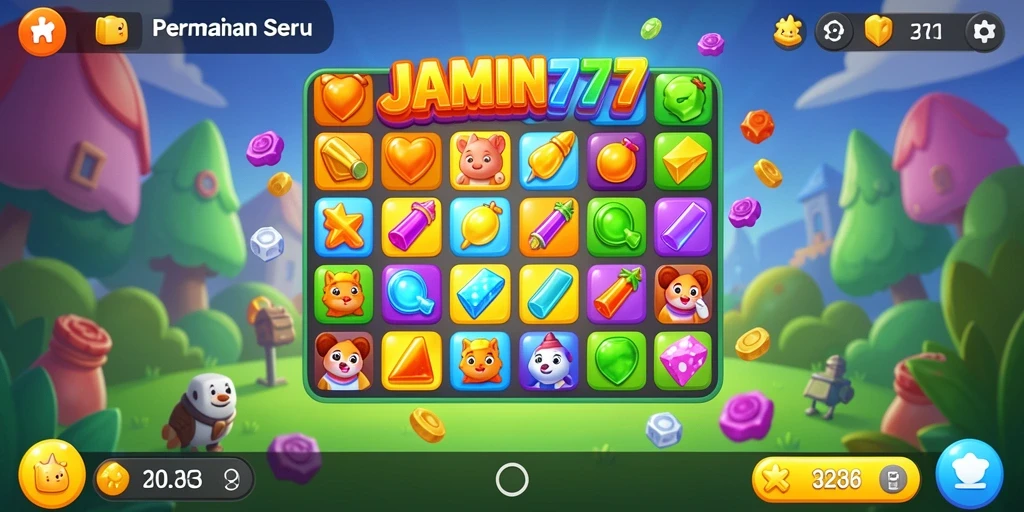 Tampilan gameplay seru dalam JAMIN777 dengan level Match-3 yang menantang.