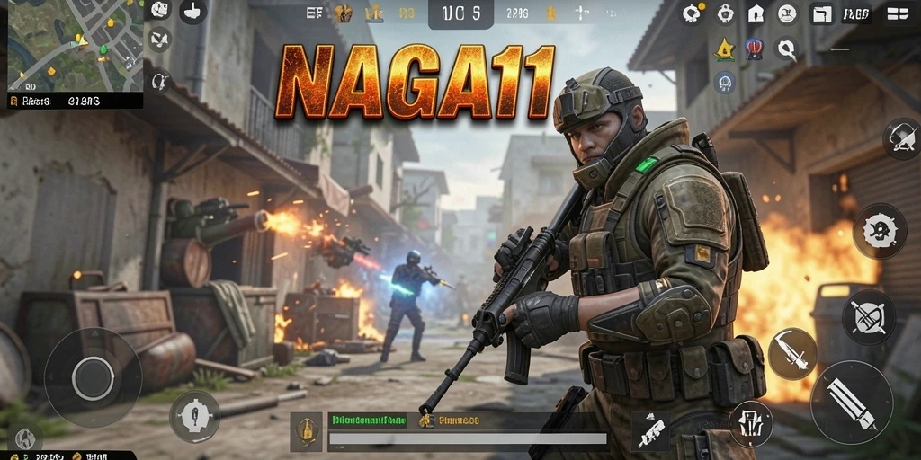 Tampilan gameplay NAGA11 dengan aksi tembak-menembak yang intens dan grafis menawan.