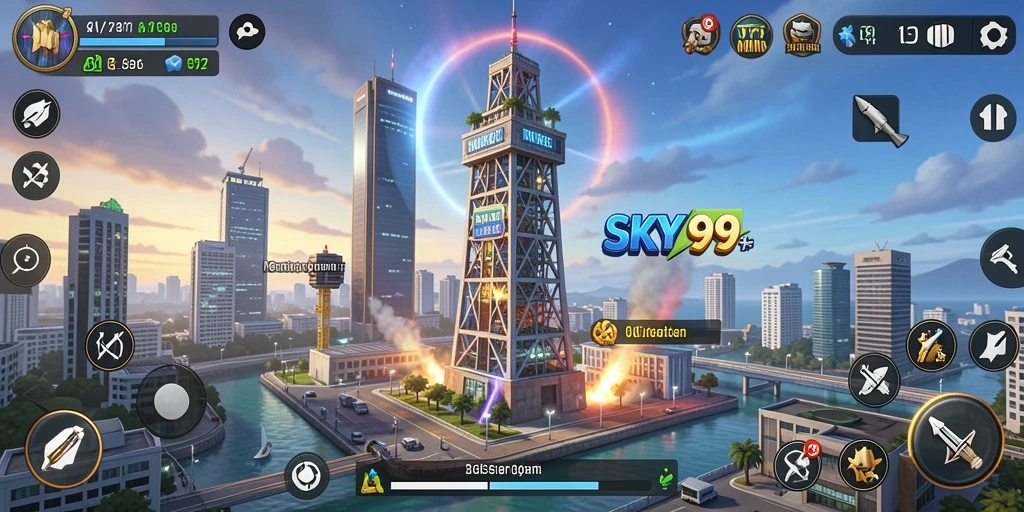 Tangkapan layar gameplay Tower Defense SKY99 yang menegangkan.